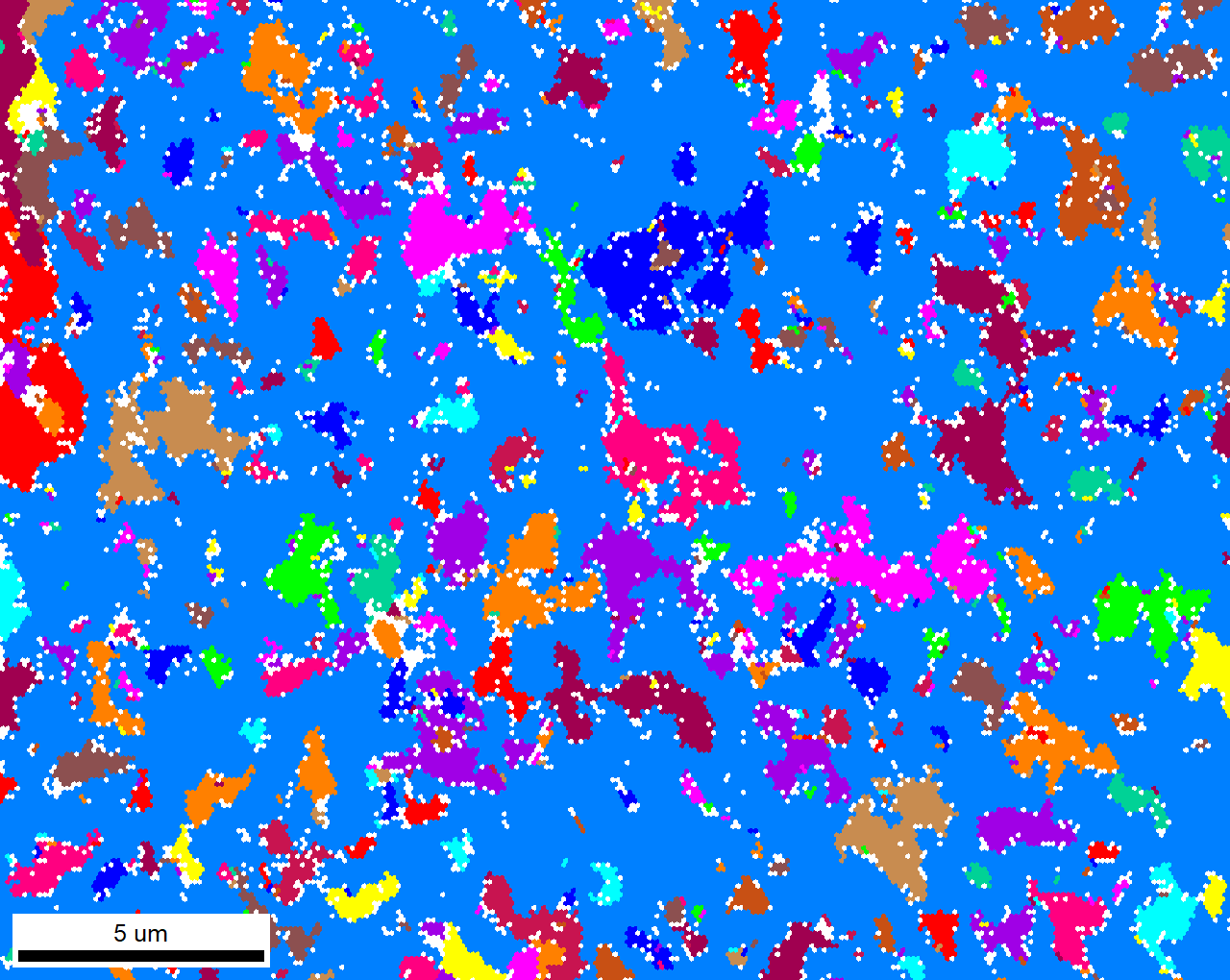 A unique grain map obtained from electron backscatter diffraction scan of the Ti thin film showing one large grain with islands of several smaller grains in it.